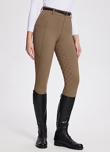 BALEAF Womens Horse Riding Pants Full Seat Riding Breeches Equestrian Tights Horseback Silicone Zipped Pocket Brown M