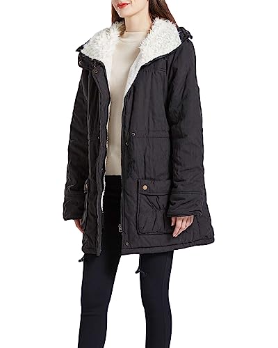 MEWOW Women's Winter Mid Length Thick Warm Faux Lamb Wool Lined Jacket Coat (XL, Black)