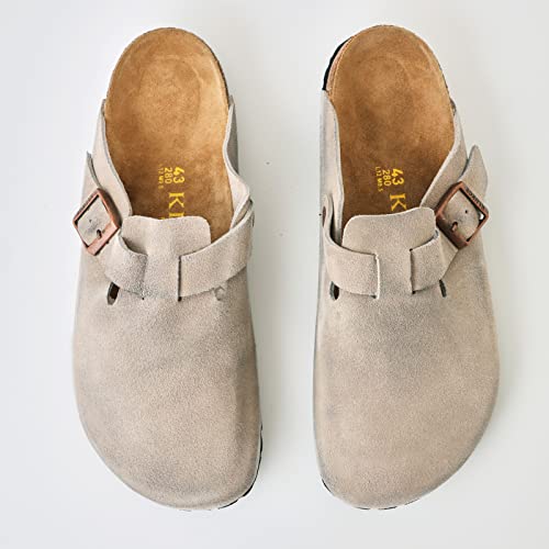 KLUKGE Boston Clogs for Men, Women‘s Suede Soft Leather Clogs Adjustable Buckle Cork Non-Slip Slippers Home Sandals Unisex Shoes Light Grey