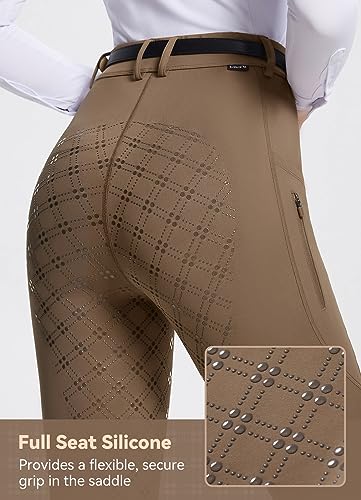 BALEAF Womens Horse Riding Pants Full Seat Riding Breeches Equestrian Tights Horseback Silicone Zipped Pocket Brown M