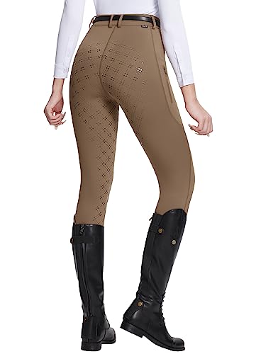 BALEAF Womens Horse Riding Pants Full Seat Riding Breeches Equestrian Tights Horseback Silicone Zipped Pocket Brown M