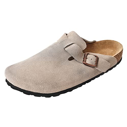 KLUKGE Boston Clogs for Men, Women‘s Suede Soft Leather Clogs Adjustable Buckle Cork Non-Slip Slippers Home Sandals Unisex Shoes Light Grey