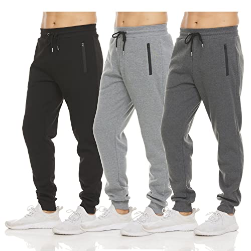 PURE CHAMP Mens 3 Pack Fleece Active Athletic Workout Jogger Sweatpants for Men with Zipper Pocket and Drawstring Size S-3XL (2X-Large, Set 1)