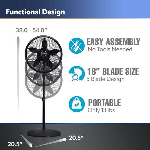 Lasko Oscillating Pedestal Fan, Adjustable Height, 3 Speeds, for Bedroom, Living Room, Home Office and College Dorm Room, 18", Black, 1827