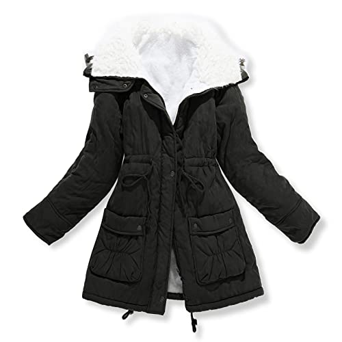 MEWOW Women's Winter Mid Length Thick Warm Faux Lamb Wool Lined Jacket Coat (XL, Black)