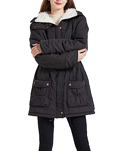 MEWOW Women's Winter Mid Length Thick Warm Faux Lamb Wool Lined Jacket Coat (XL, Black)