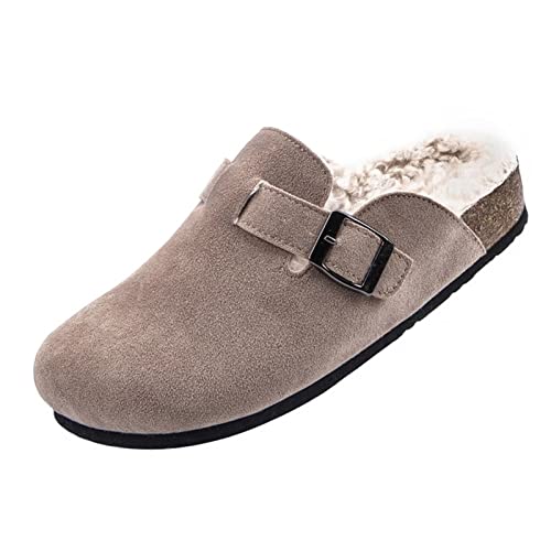 Cork Clogs for Women, Plush Lined Boston Clogs with Arch Support Cow Suede Leather Clogs Indoor Outdoor Fuzzy Slippers with Adjustable Buckle Beige