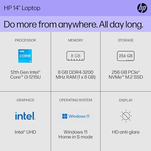 HP 14 inch Laptop, HD Display, 12th Generation Intel Core i3-1215U, 8 GB RAM, 256 GB SSD, Intel UHD Graphics, Windows 11 Home in S mode, 14-dq5009nr (2024)