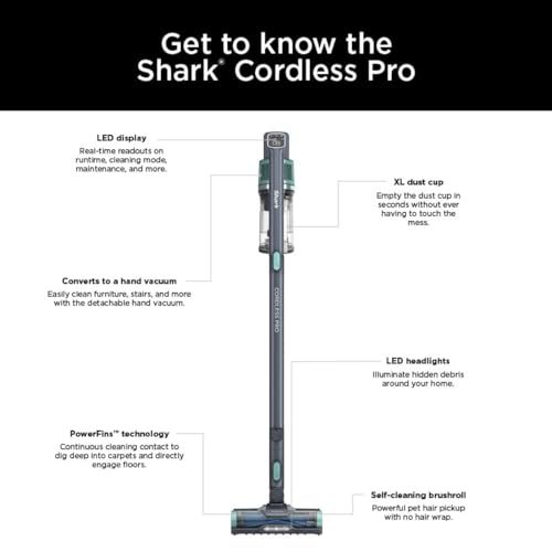 Shark IZ631H Cordless Pro Vacuum with PowerFins and Self-Cleaning Brushroll, Includes Upholstery Tool & Crevice Tool, Up To 60 Minute Runtime, HEPA Filtration, Cordless Vacuum, Dark Grey/Mojito