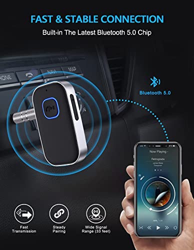 COMSOON Bluetooth Receiver for Car, Noise Cancelling 3.5mm AUX Bluetooth Car Adapter, Wireless Audio Receiver for Home Stereo/Wired Headphones, Hands-Free Call, 16H Battery Life - Black+Silver