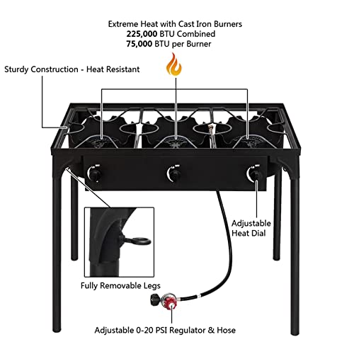 Outvita 3 Burner Propane Gas Stove for Outdoor Cooking, 225,000 BTU Camping Cooker with Removable Legs, Temperature Control Knobs for Backyard Cooking, BBQ, Baking and Frying