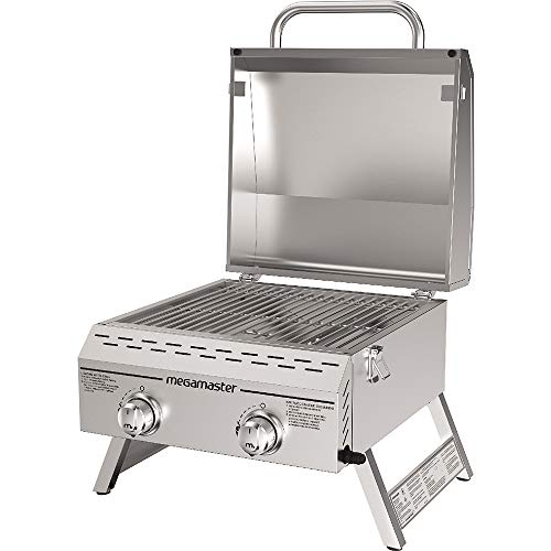 Megamaster Premium Outdoor Cooking 2-Burner Grill, While Camping, Outdoor Kitchen, Patio Garden, Barbecue with Two Foldable legs, Silver in Stainless Steel