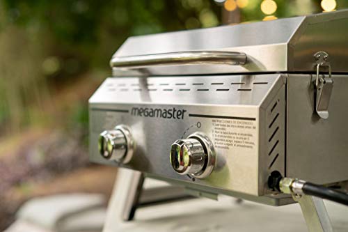 Megamaster Premium Outdoor Cooking 2-Burner Grill, While Camping, Outdoor Kitchen, Patio Garden, Barbecue with Two Foldable legs, Silver in Stainless Steel