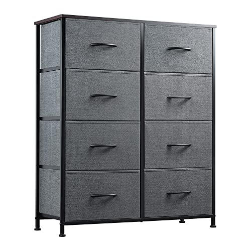 WLIVE Fabric Dresser for Bedroom, Tall Dresser with 8 Drawers, Storage Tower with Fabric Bins, Double Dresser, Chest of Drawers for Closet, Living Room, Hallway, Dark Gray