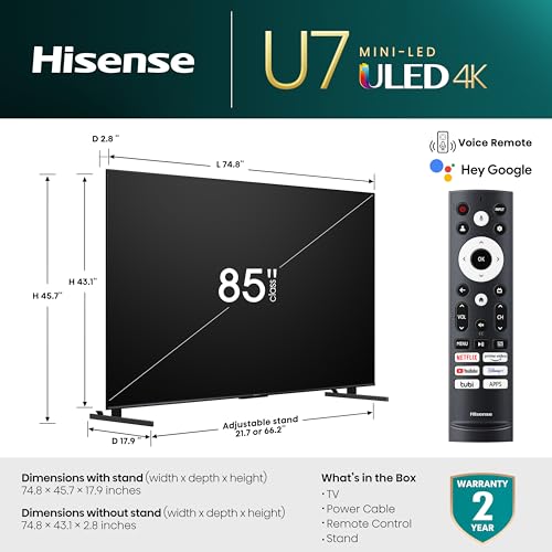 Hisense 85-Inch Class U7 Series Mini-LED ULED 4K UHD Google Smart TV (85U7K) - QLED, Native 144Hz, 1000-Nit, Dolby Vision IQ, Full Array Local Dimming, Game Mode Pro, Alexa Compatibility