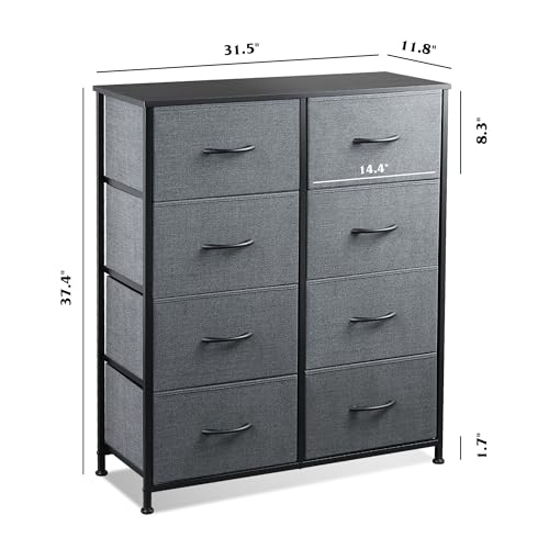 WLIVE Fabric Dresser for Bedroom, Tall Dresser with 8 Drawers, Storage Tower with Fabric Bins, Double Dresser, Chest of Drawers for Closet, Living Room, Hallway, Dark Gray