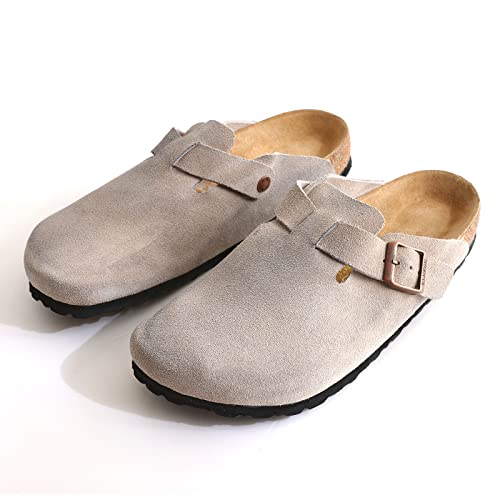 KLUKGE Boston Clogs for Men, Women‘s Suede Soft Leather Clogs Adjustable Buckle Cork Non-Slip Slippers Home Sandals Unisex Shoes Light Grey