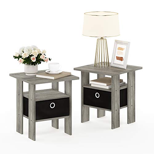 Furinno Andrey Set of 2 End Table / Side Table / Night Stand / Bedside Table with Bin Drawer, French Oak Grey