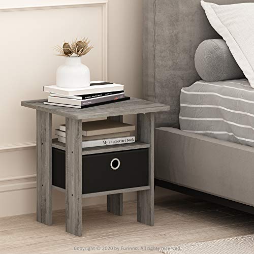 Furinno Andrey Set of 2 End Table / Side Table / Night Stand / Bedside Table with Bin Drawer, French Oak Grey