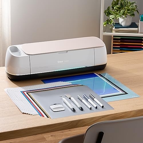 Cricut Maker Bundle, Includes Cricut Maker Cutting Machine, Iron On Vinyl, Premium Vinyl - Permanent, Holographic Iron On Vinyl, Transfer Tape, Cutting Mats, Tool Set, Crafting Accessories, Champagne