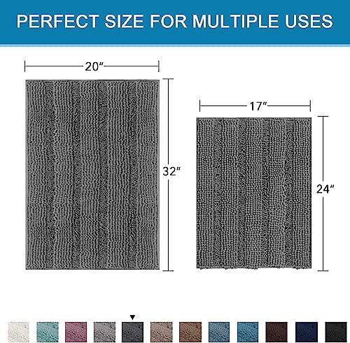 H.VERSAILTEX Grey Bathroom Rug Set Bath Mats, 2 Piece Bath Mats for Bathroom Non Slip Thick Soft Chenille Striped Bath Rug Set, Bath Mats for Bathroom Sets (Grey, 20" x 32"/17" x 24")