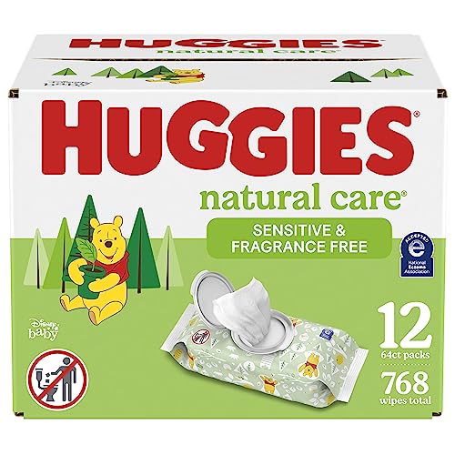 Huggies Natural Care Sensitive Baby Wipes, Unscented, Hypoallergenic, 99% Purified Water, 12 Flip-Top Packs (768 Wipes Total), Packaging May Vary