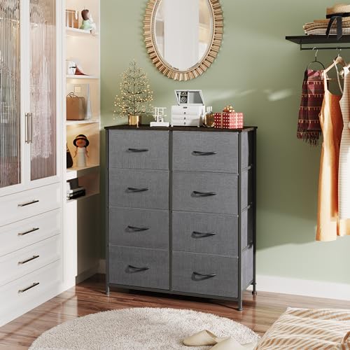 WLIVE Fabric Dresser for Bedroom, Tall Dresser with 8 Drawers, Storage Tower with Fabric Bins, Double Dresser, Chest of Drawers for Closet, Living Room, Hallway, Dark Gray