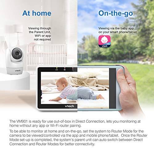 VTech Upgraded Smart WiFi Baby Monitor VM901, 5-inch 720p Display, 1080p Camera, HD NightVision, Fully Remote Pan Tilt Zoom, 2-Way Talk, Free Smart Phone App, Works with iOS, Android