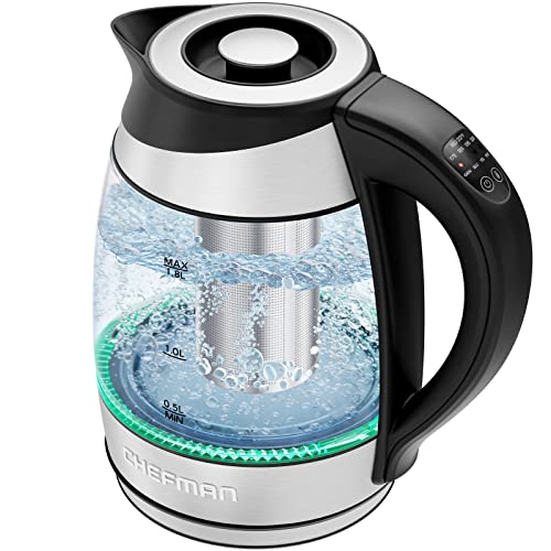 Chefman Electric Kettle with Temperature Control, 5 Presets LED Indicator Lights, Removable Tea Infuser, Glass Tea Kettle & Hot Water Boiler, 360° Swivel Base, BPA Free, Stainless Steel, 1.8 Liters