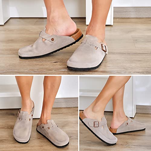 KLUKGE Boston Clogs for Men, Women‘s Suede Soft Leather Clogs Adjustable Buckle Cork Non-Slip Slippers Home Sandals Unisex Shoes Light Grey