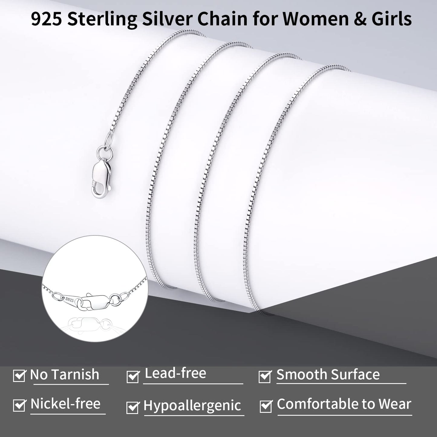 Jewlpire 925 Sterling Silver Chain for Women Girls 0.8mm Box Chain Lobster Claw Clasp - Italian Necklace Chain - Super Thin & Strong - Friendly Price & Quality 18 Inch