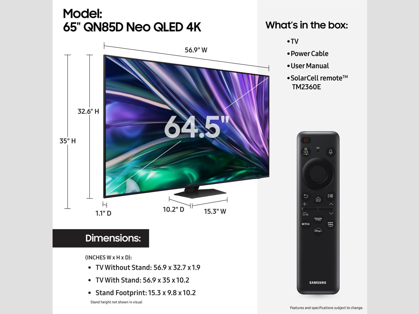 SAMSUNG 65-Inch Class QLED 4K QN85D Series Neo Quantum HDR Smart TV w/Dolby Atmos, Object Tracking Sound Lite, Motion Xcelerator, Real Depth Enhancer Pro, Alexa Built-in (QN65QN85D, 2024 Model)