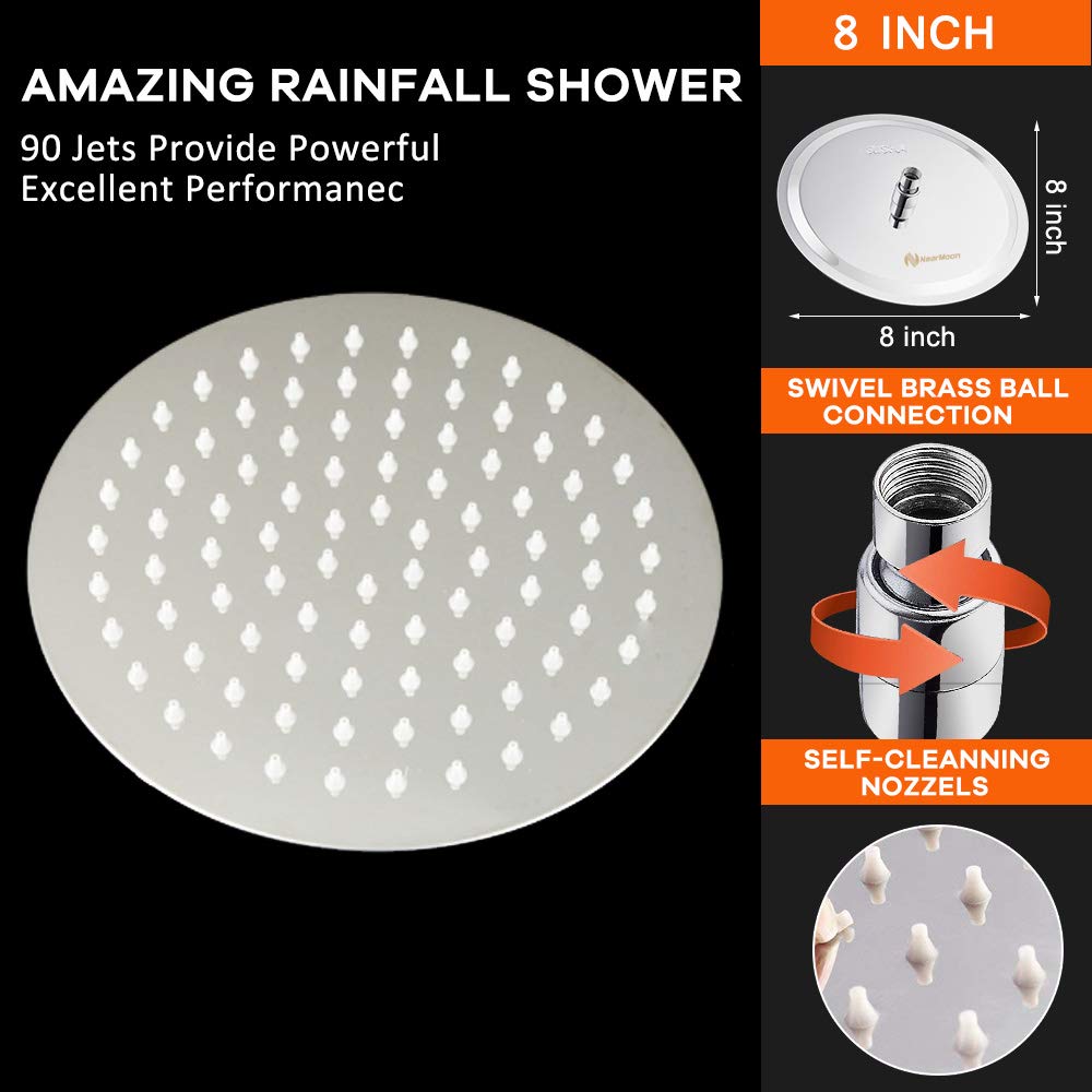 NearMoon Rain Shower Head, Ultra-Thin Design-Pressure Boosting, Awesome Some Experience, High Flow Stainless Steel Rainfall Shower Head (8 Inch,Chrome Finish)