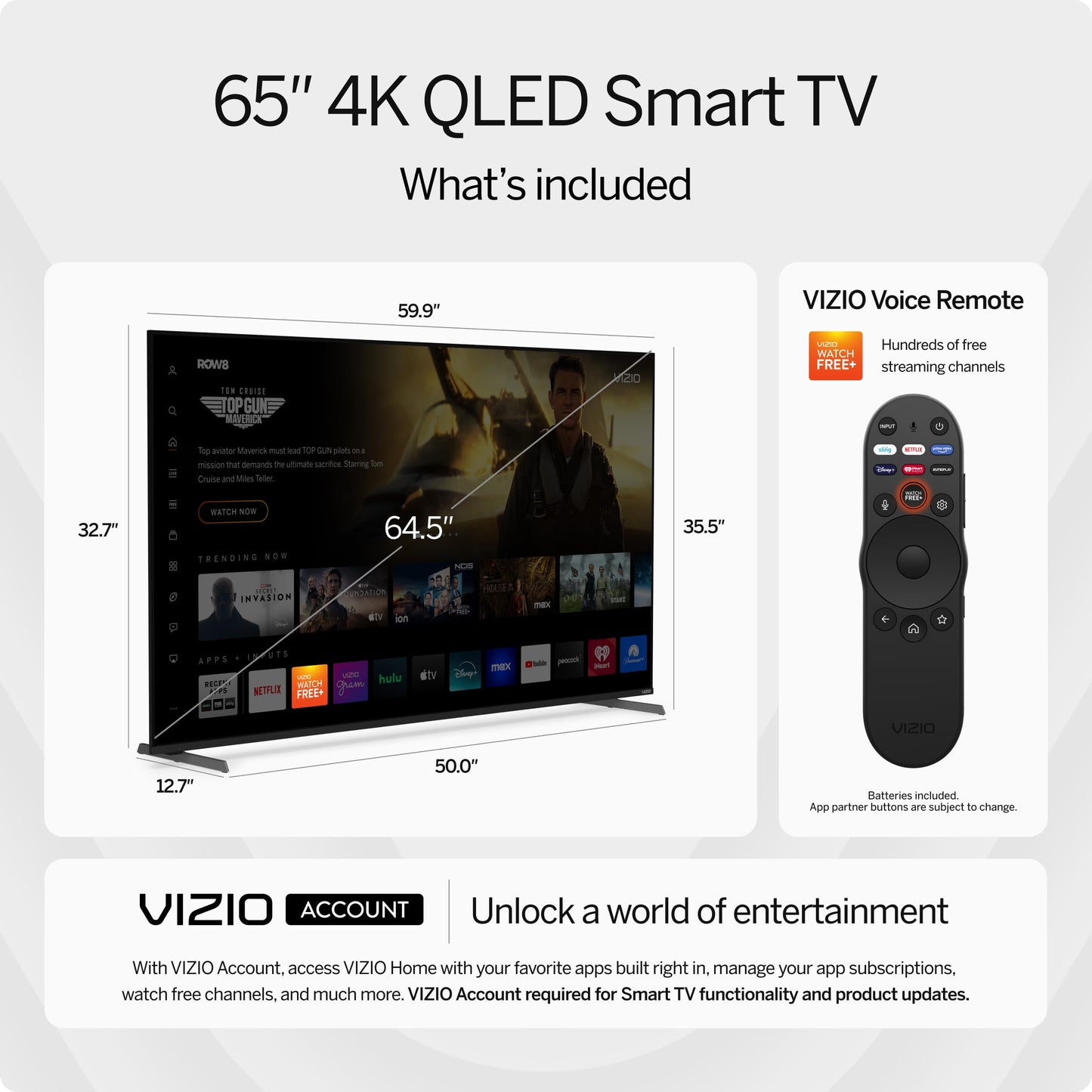 VIZIO 65-inch Quantum Pro 4K QLED 120Hz Smart TV with 1,000 nits brightness, Dolby Vision, Local Dimming, 240FPS @ 1080p PC Gaming, WiFi 6E, Apple AirPlay, Google Cast Built-in (VQP65C-84, 2023)