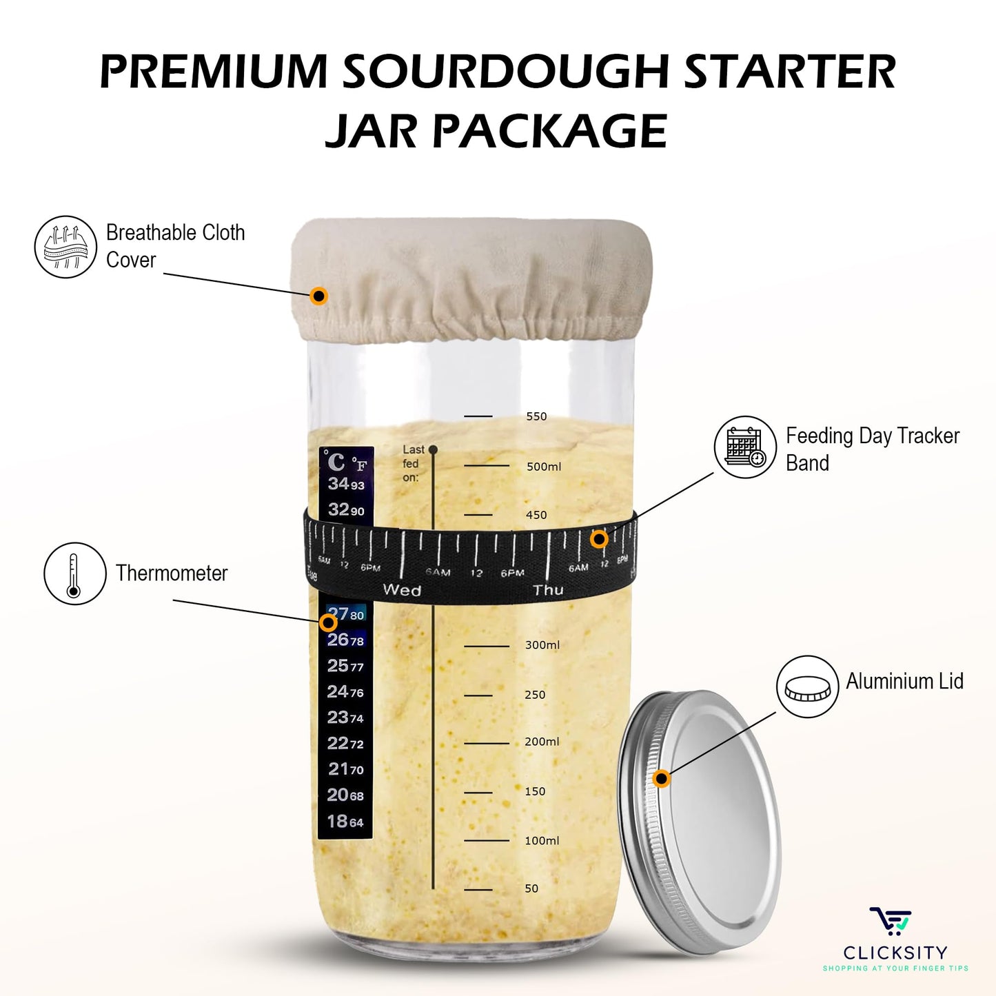 Beginner's Sourdough Bread Maker Starter Kit with Thermometer - Makes 2-3 Loafs of Fresh Sourdough Bread with this Fermentation Jar Kit