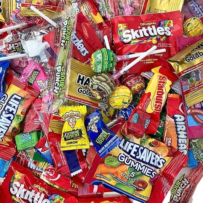 ASSORTED VARIETY BULK CANDY MIX, 8.5 LB of Assorted Individually Wrapped, Snack Size Candy Mix, Skittles, Starburst, Haribo, Jolly Ranchers and More for Pinata Filler, Kids Parties and Office Candy