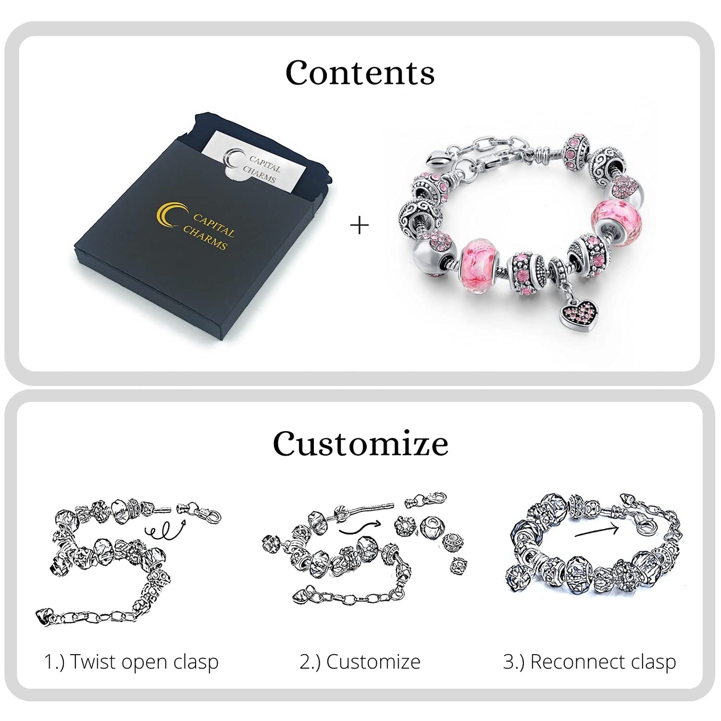 Capital Charms Pink Hearts Silver Plated Charm Bracelet Set, Jewelry Gifts with Beads, Charms, and Adjustable Snake Chain, Fits 7.5"+1.5"