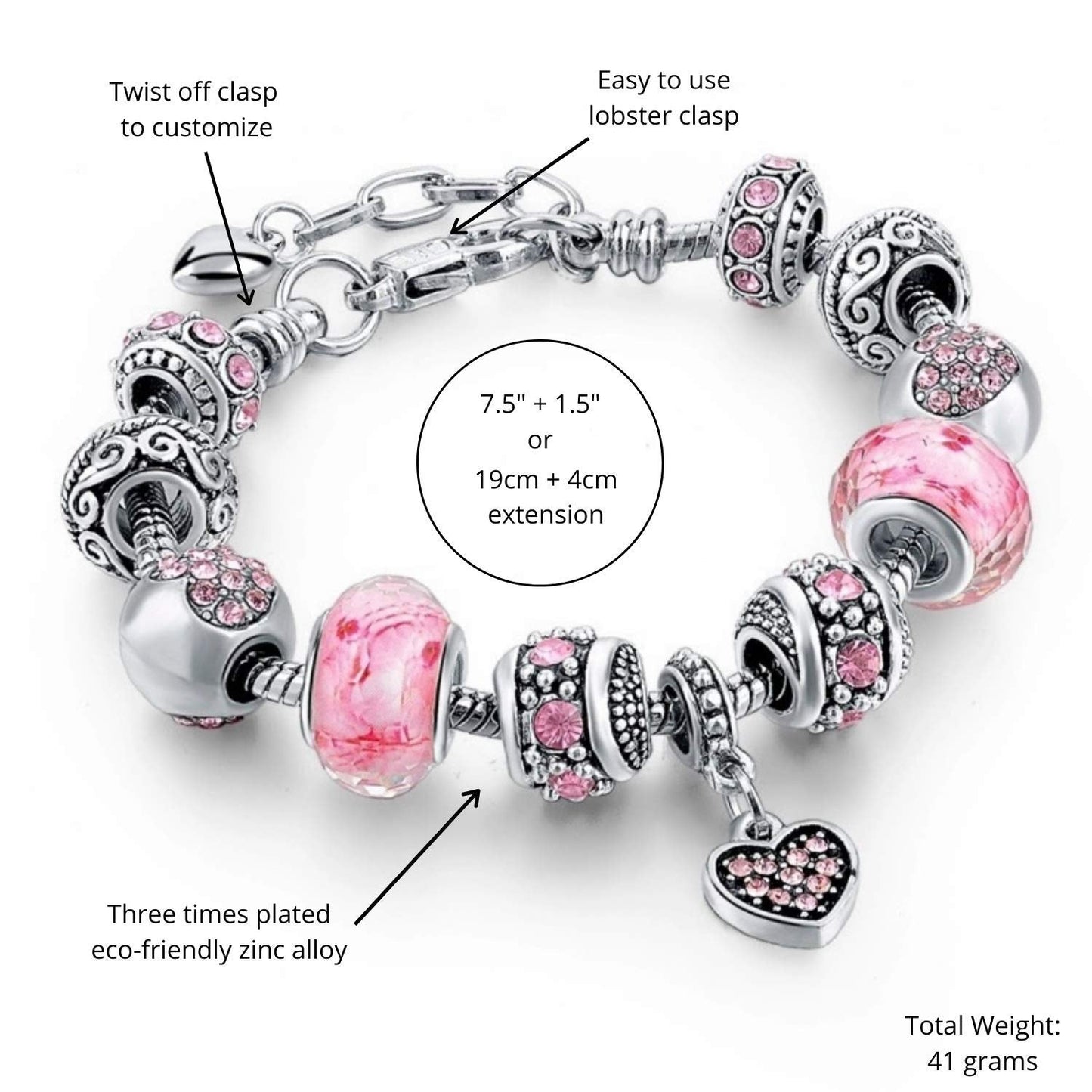 Capital Charms Pink Hearts Silver Plated Charm Bracelet Set, Jewelry Gifts with Beads, Charms, and Adjustable Snake Chain, Fits 7.5"+1.5"