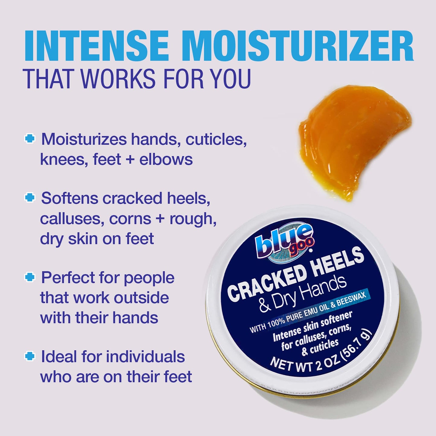 Blue Goo CRACKED HEELS & DRY HANDS Skin Softener for Dry Feet, Hands, Hydrating and Smoothing, Moisturizer, Dryness Relief, 2 Ounce, made with 100% PURE EMU OIL