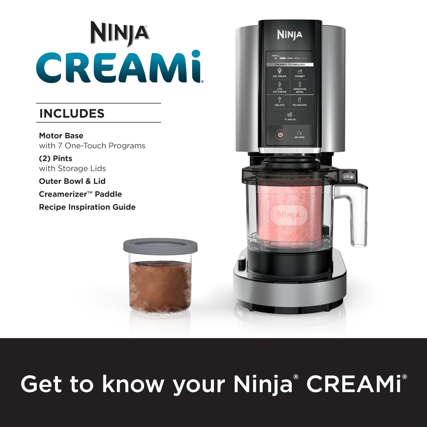 Ninja NC301 CREAMi Ice Cream Maker, for Gelato, Mix-ins, Milkshakes, Sorbet, Smoothie Bowls & More, 7 One-Touch Programs, with (2) Pint Containers & Lids, Compact Size, Perfect for Kids, Silver