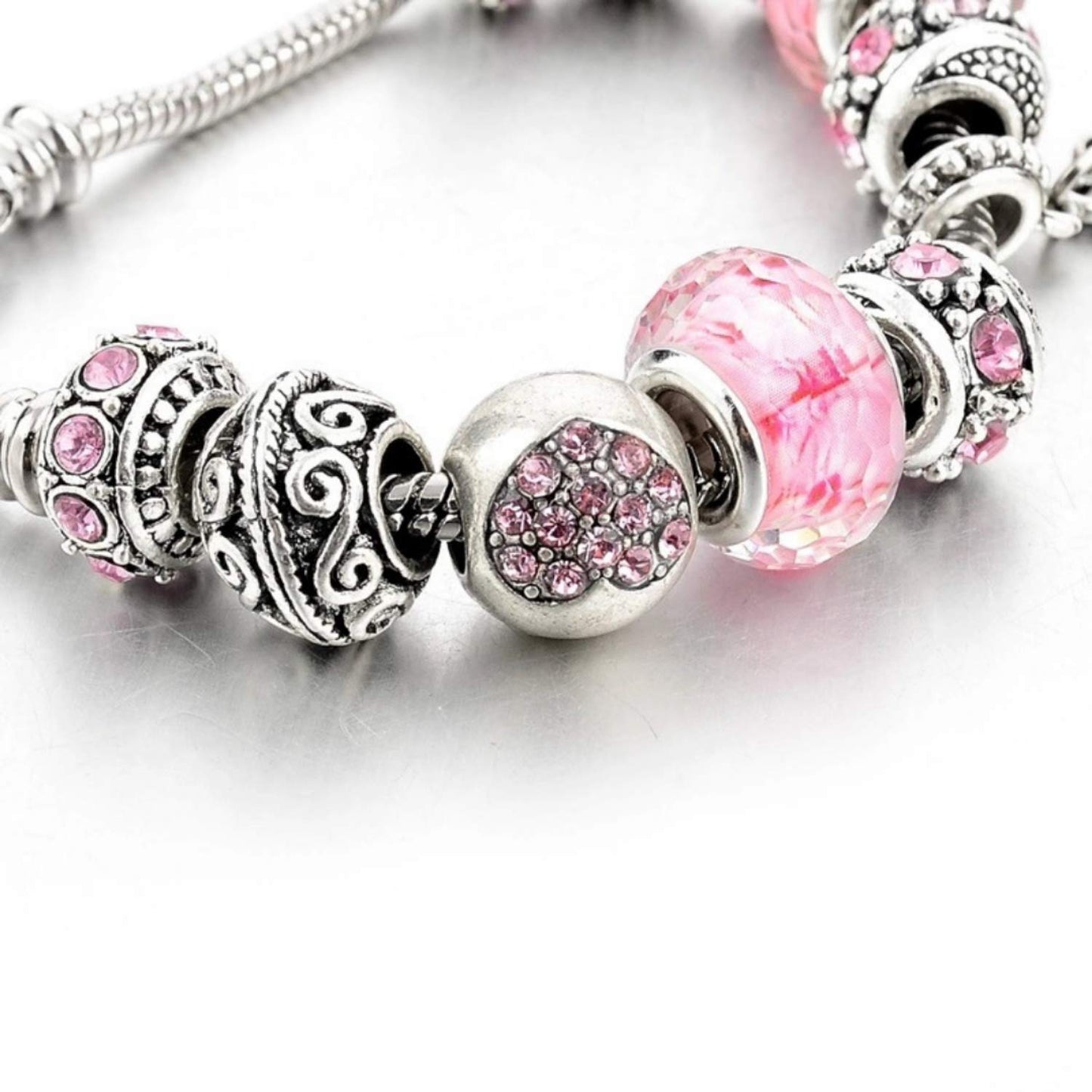 Capital Charms Pink Hearts Silver Plated Charm Bracelet Set, Jewelry Gifts with Beads, Charms, and Adjustable Snake Chain, Fits 7.5"+1.5"