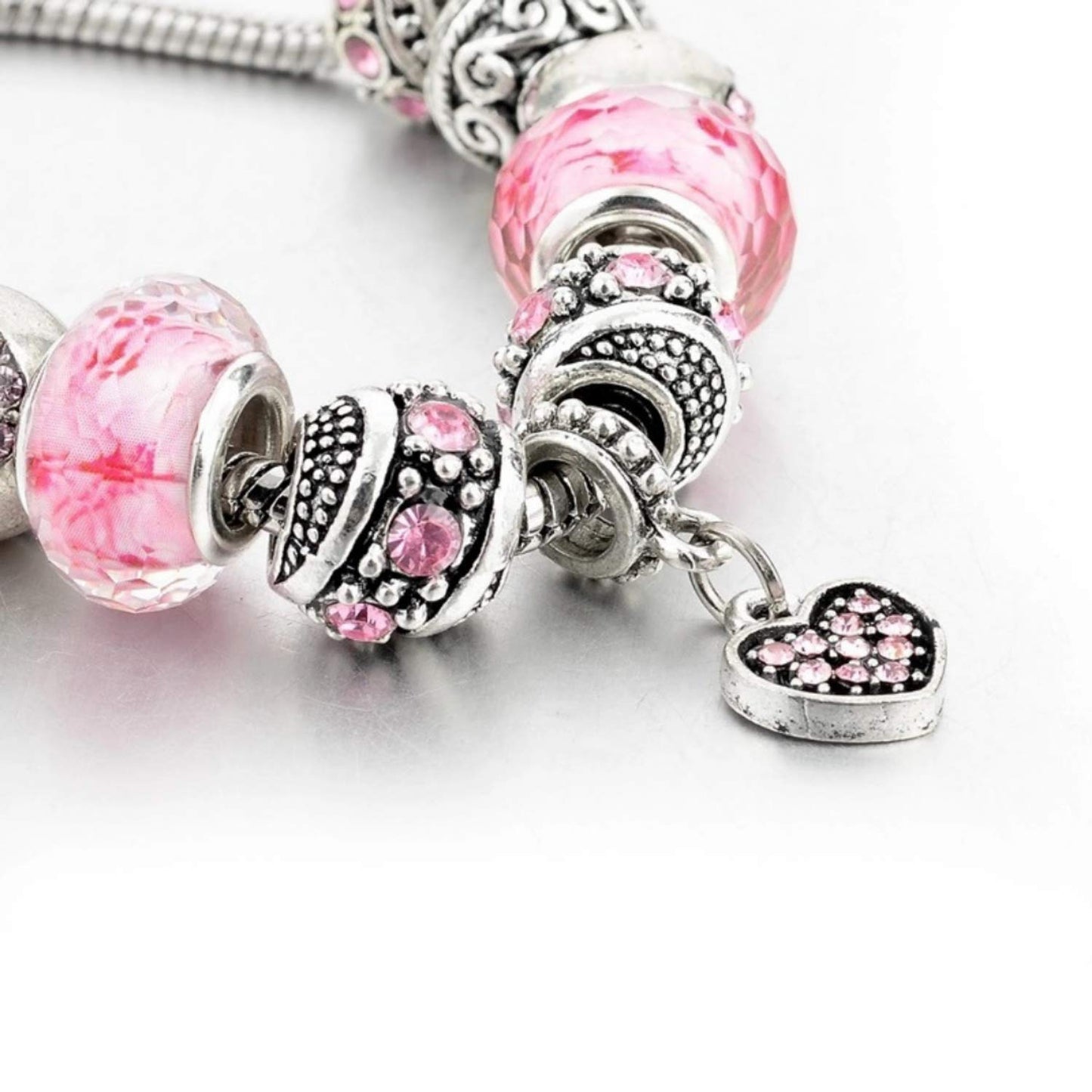 Capital Charms Pink Hearts Silver Plated Charm Bracelet Set, Jewelry Gifts with Beads, Charms, and Adjustable Snake Chain, Fits 7.5"+1.5"