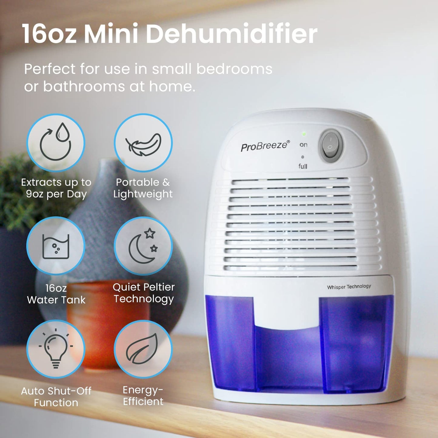 Pro Breeze Dehumidifiers for Home,215sqft Small Dehumidifiers for Room,16oz Tank Portable Closet Dehumidifier Removes Humidity Mini Small Dehumidifier for Bathroom Dehumidifier for Bedroom RV Basement