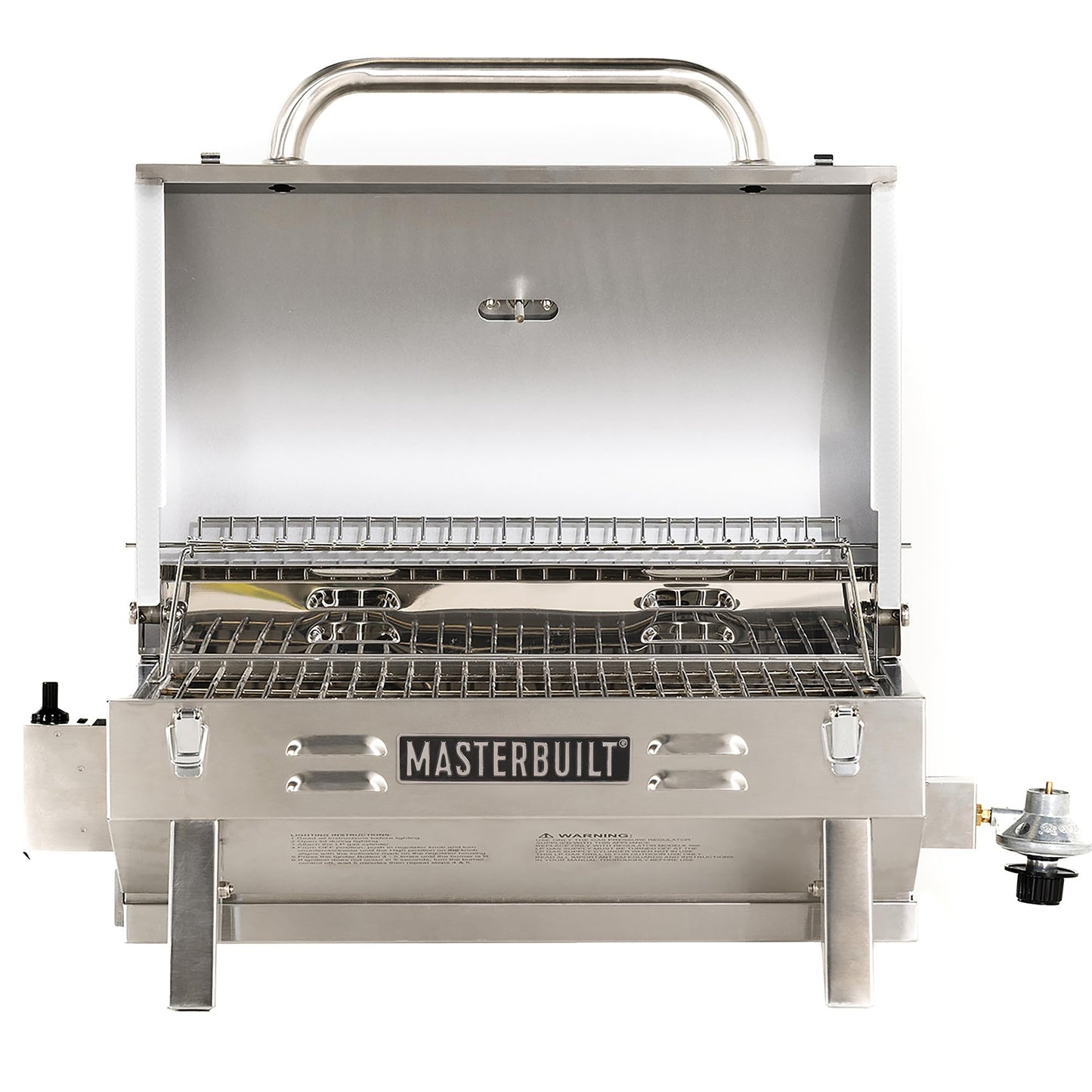 Masterbuilt Portable Propane Gas Grill with Folding Legs, Chrome-Coated Warming Rack and 288 Cooking Square Inches in Stainless Steel, Model MB20030819