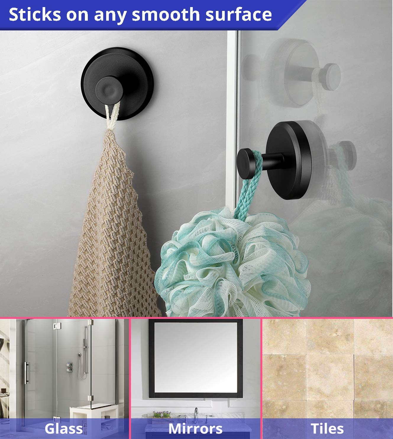 HOME SO Suction Cup Hooks for Shower, Bathroom, Kitchen, Glass Door, Mirror, Tile – Loofah, Towel, Coat, Bath Robe Hook Holder for Hanging up to 15 lbs – Waterproof, Dark, Matte Black (2-Pack)