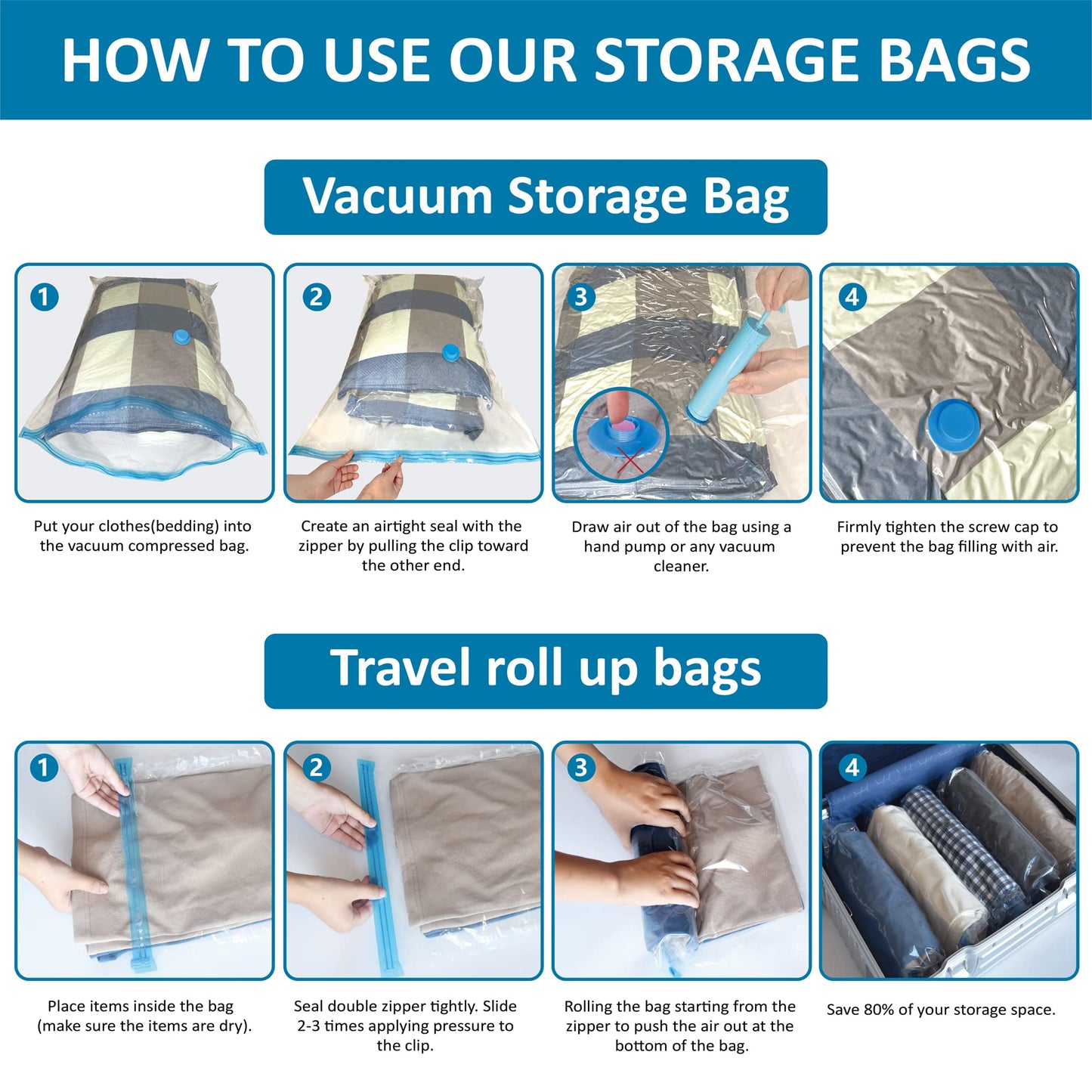 20 Pack Vacuum Storage Bags, Space Saver Bags (4 Jumbo/4 Large/4 Medium/4 Small/4 Roll) Compression for Comforters and Blankets, Sealer Clothes Storage, Hand Pump Included