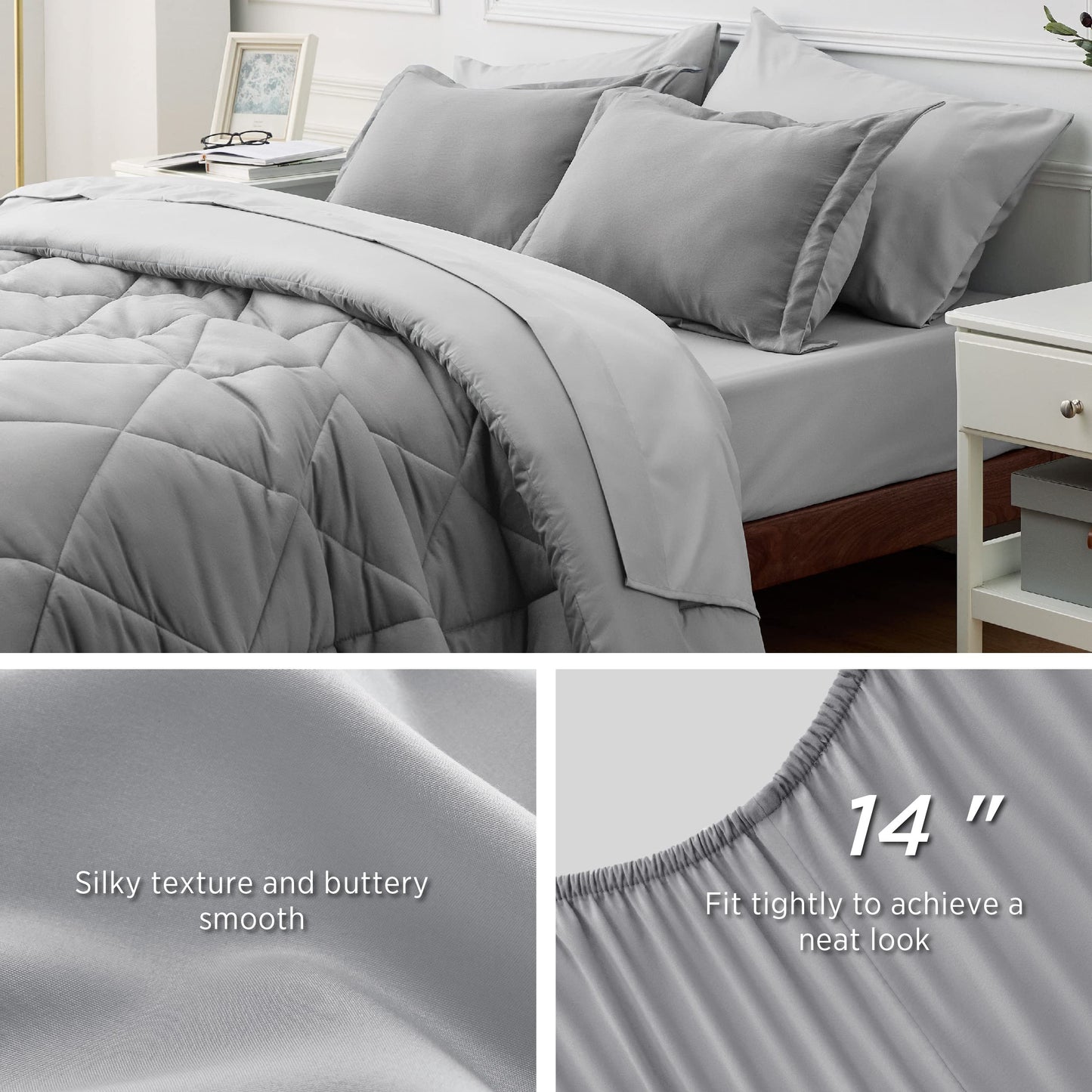 Bedsure Queen Comforter Set - 7 Pieces Reversible Comforters Queen Size Bed Set Bed in a Bag with Comforter, Sheets, Pillowcases & Shams, Grey Bedding Sets