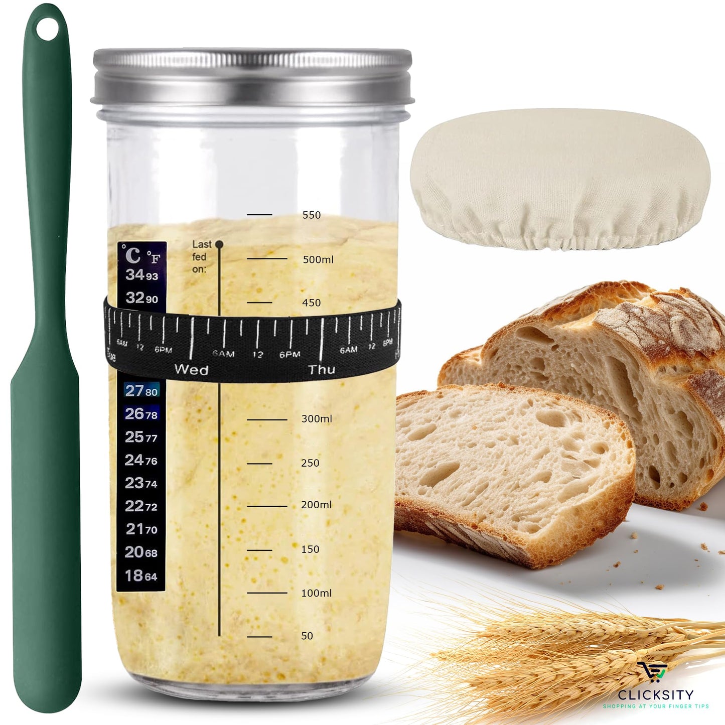 Beginner's Sourdough Bread Maker Starter Kit with Thermometer - Makes 2-3 Loafs of Fresh Sourdough Bread with this Fermentation Jar Kit