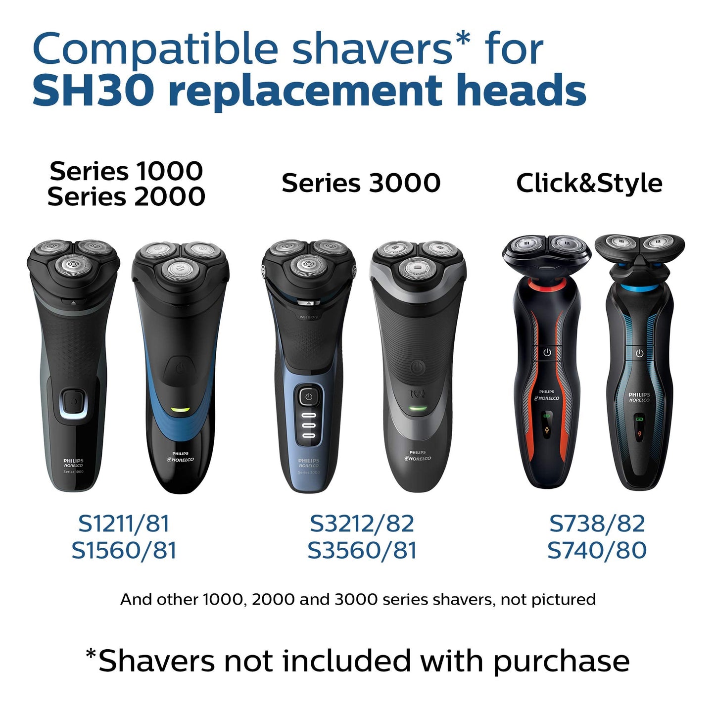 Philips Norelco Genuine SH30/52 Shaving Heads Compatible with Norelco Shaver Series 1000, 2000, 3000 and 5000X and Rounded