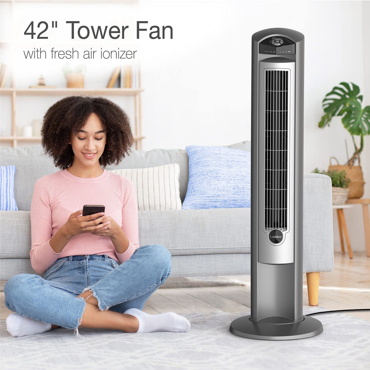 Lasko Portable Electric 42" Oscillating Tower Fan with Fresh Air Ionizer, Timer and Remote Control for Indoor, Bedroom and Home Office Use, Silver 2551